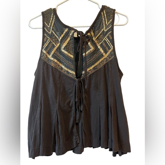 Free People Open Back Embroidered Tank size Medium Brown / Gold - Picture 7 of 9